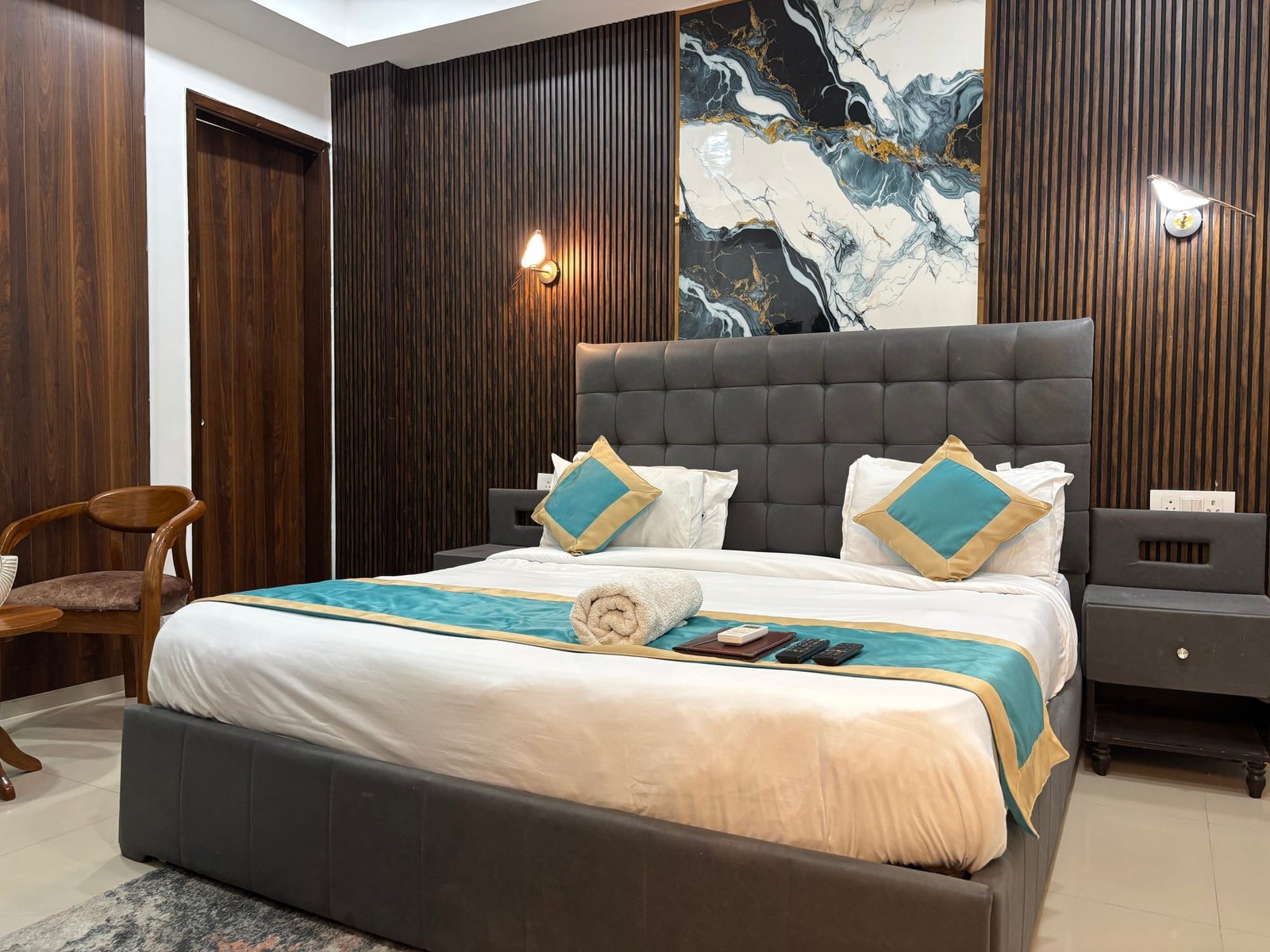 A made-up hotel room at Fortune Home