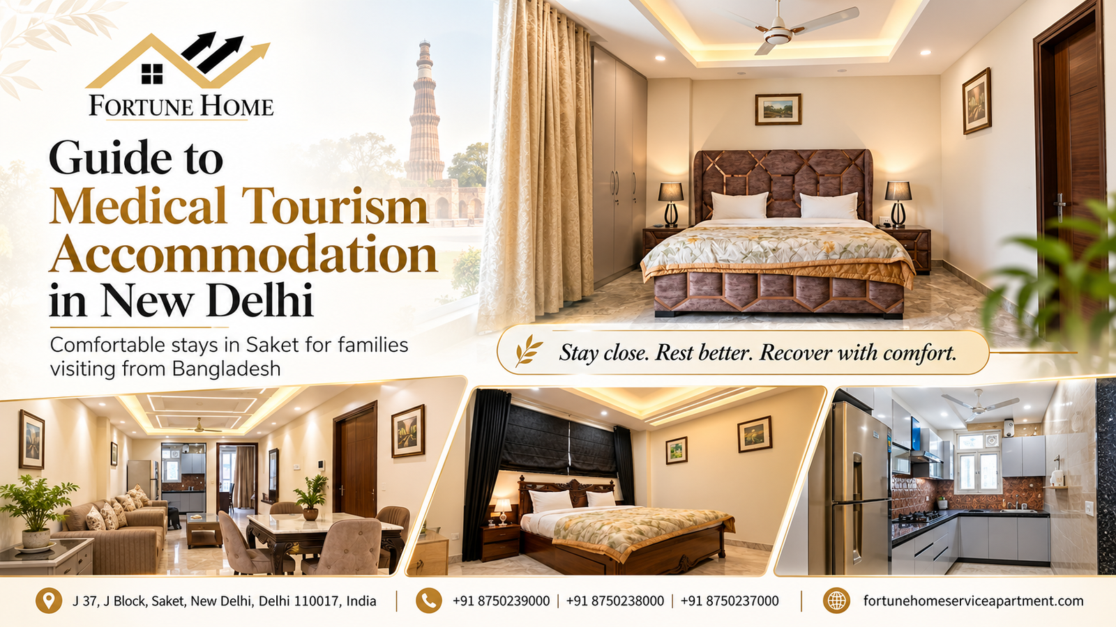 Furnished service apartment bedroom in Saket for medical tourism accommodation in New Delhi