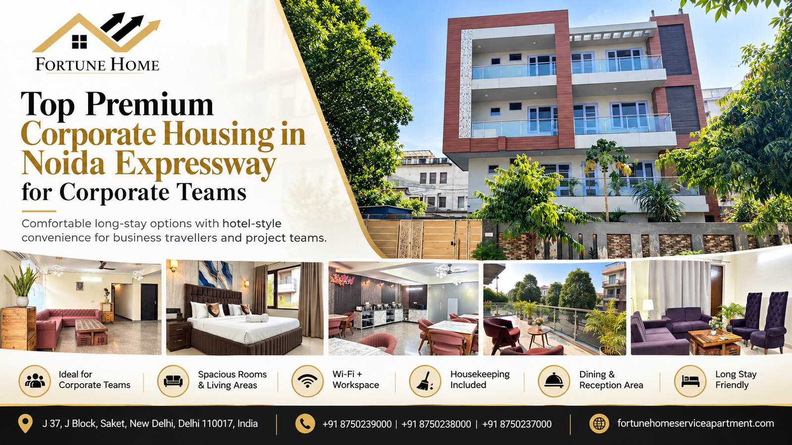 Furnished room with a work desk at Fortune Home, premium corporate housing in Noida Expressway