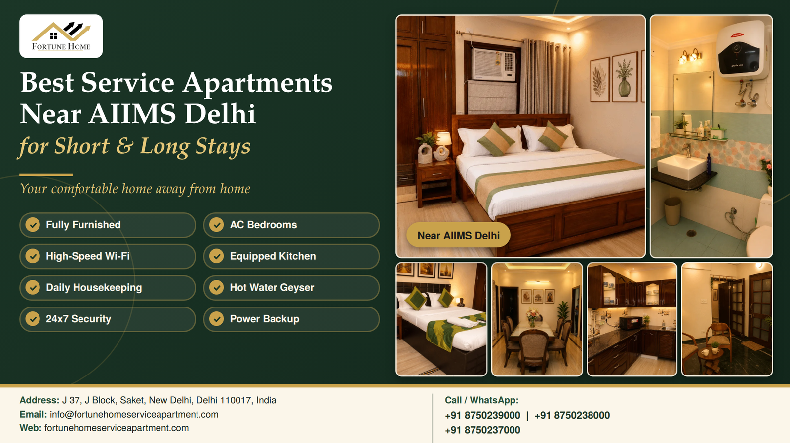 Fully furnished service apartment near AIIMS Delhi with AC bedroom, kitchen and Wi-Fi by Fortune Home, Saket