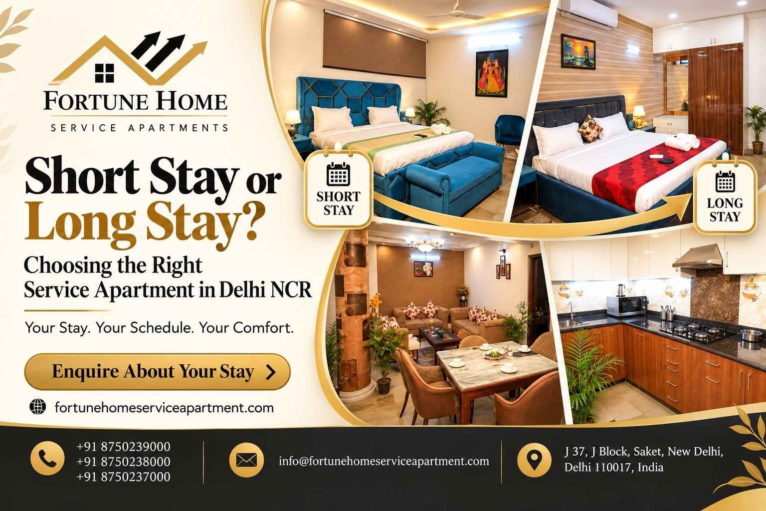Furnished living room and kitchen of a service apartment in Delhi NCR for short and long stays